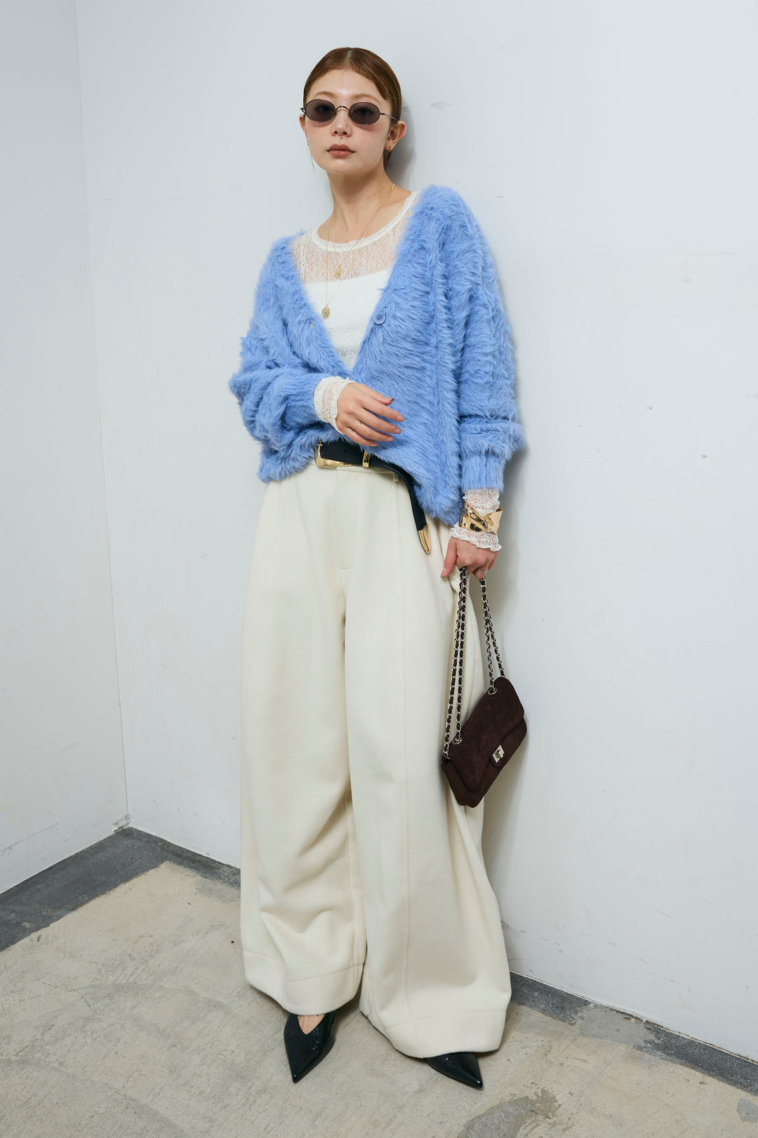 [予約/SET]起毛シャギーカーディガン+ウールタッチカーブワイドパンツ(2set)