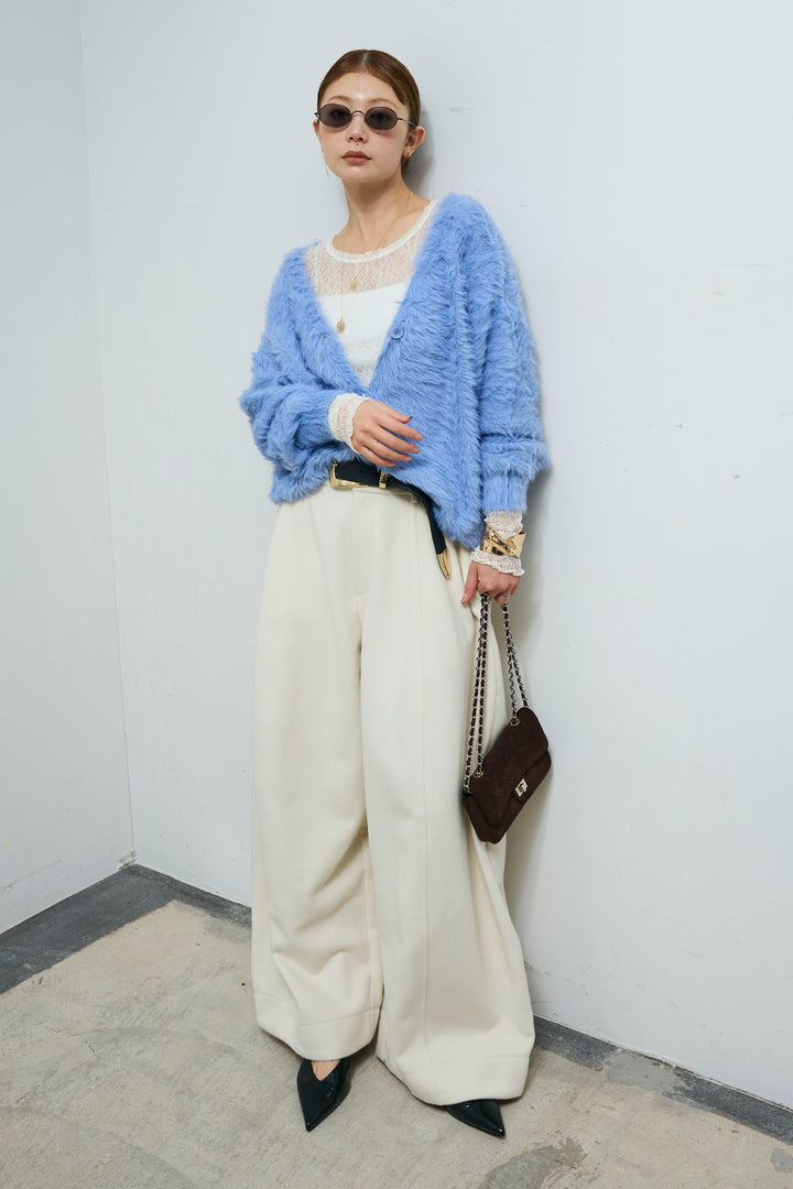 [予約/SET]起毛シャギーカーディガン+ウールタッチカーブワイドパンツ(2set)