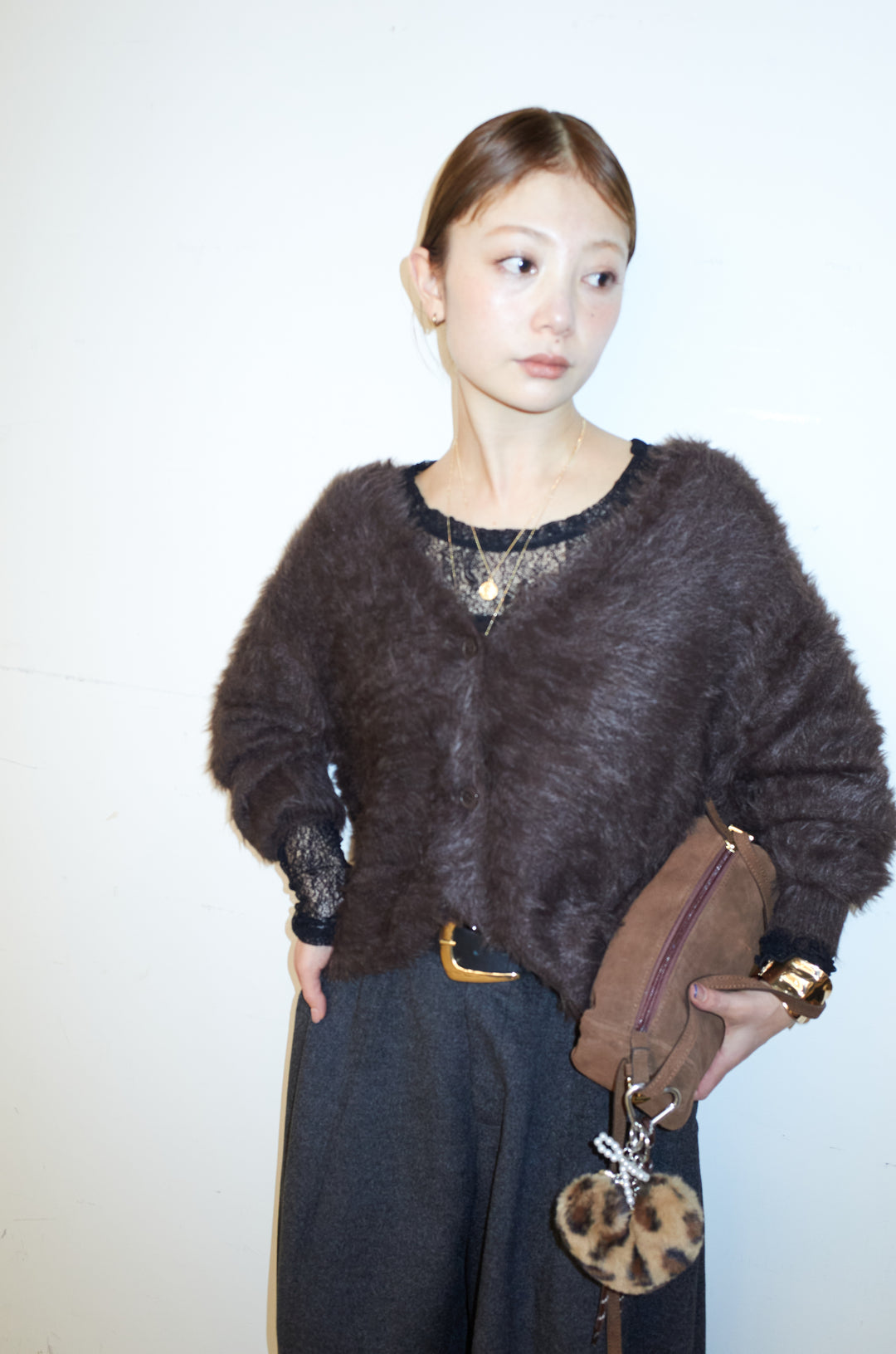 [予約/SET]起毛シャギーカーディガン+ウールタッチカーブワイドパンツ(2set)