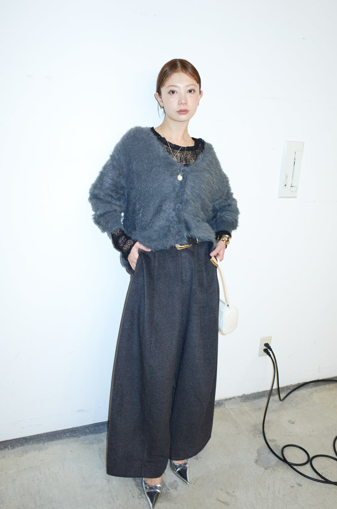 [予約/SET]起毛シャギーカーディガン+ウールタッチカーブワイドパンツ(2set)