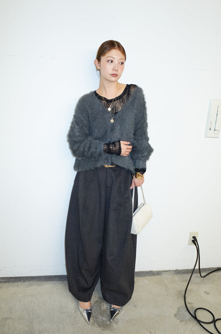 [予約/SET]起毛シャギーカーディガン+ウールタッチカーブワイドパンツ(2set)