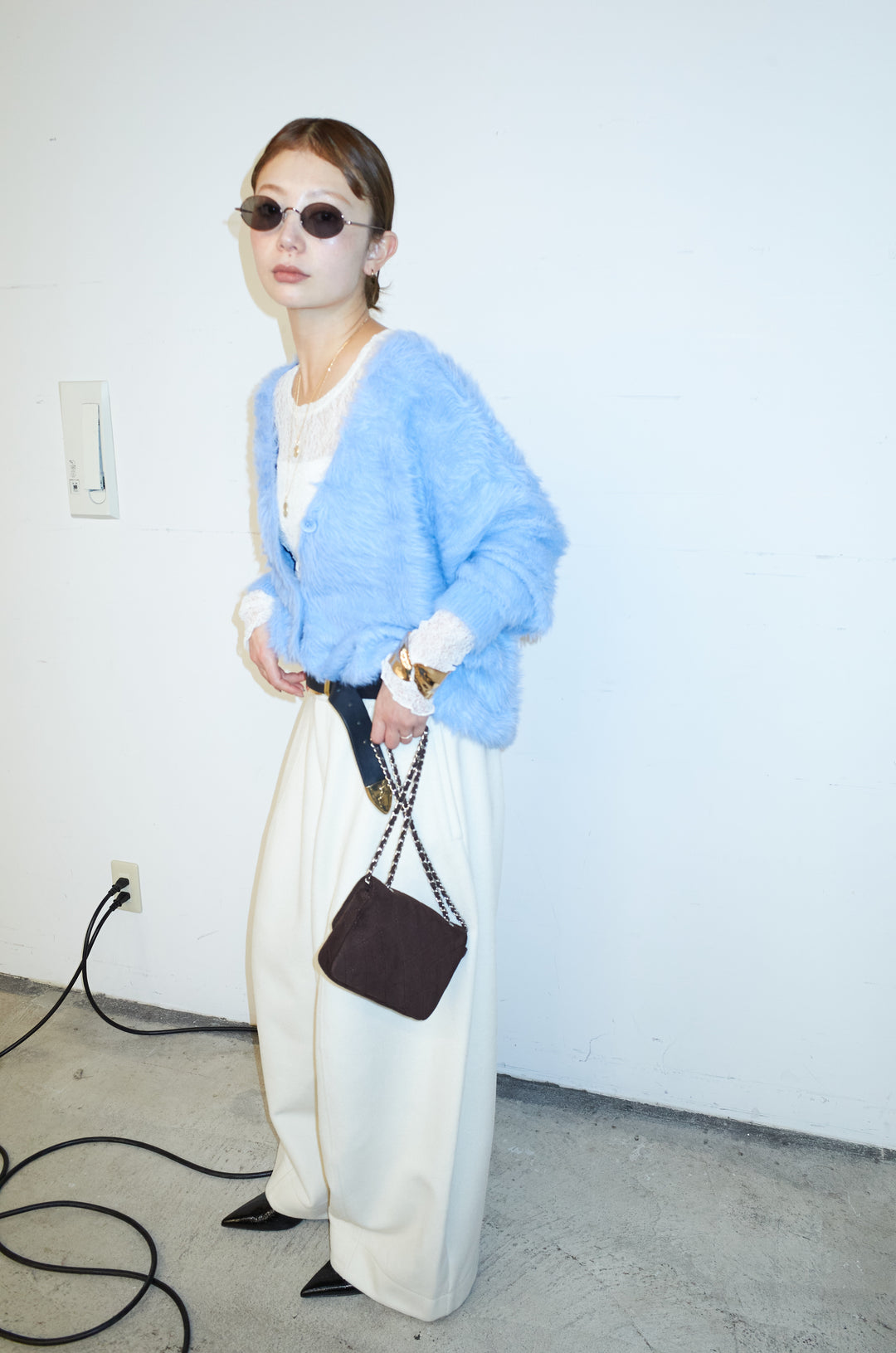 [予約/SET]起毛シャギーカーディガン+ウールタッチカーブワイドパンツ(2set)