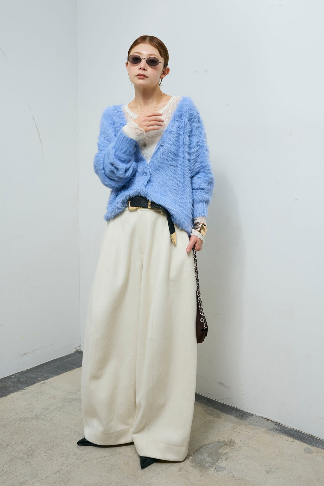 [予約/SET]起毛シャギーカーディガン+ウールタッチカーブワイドパンツ(2set)