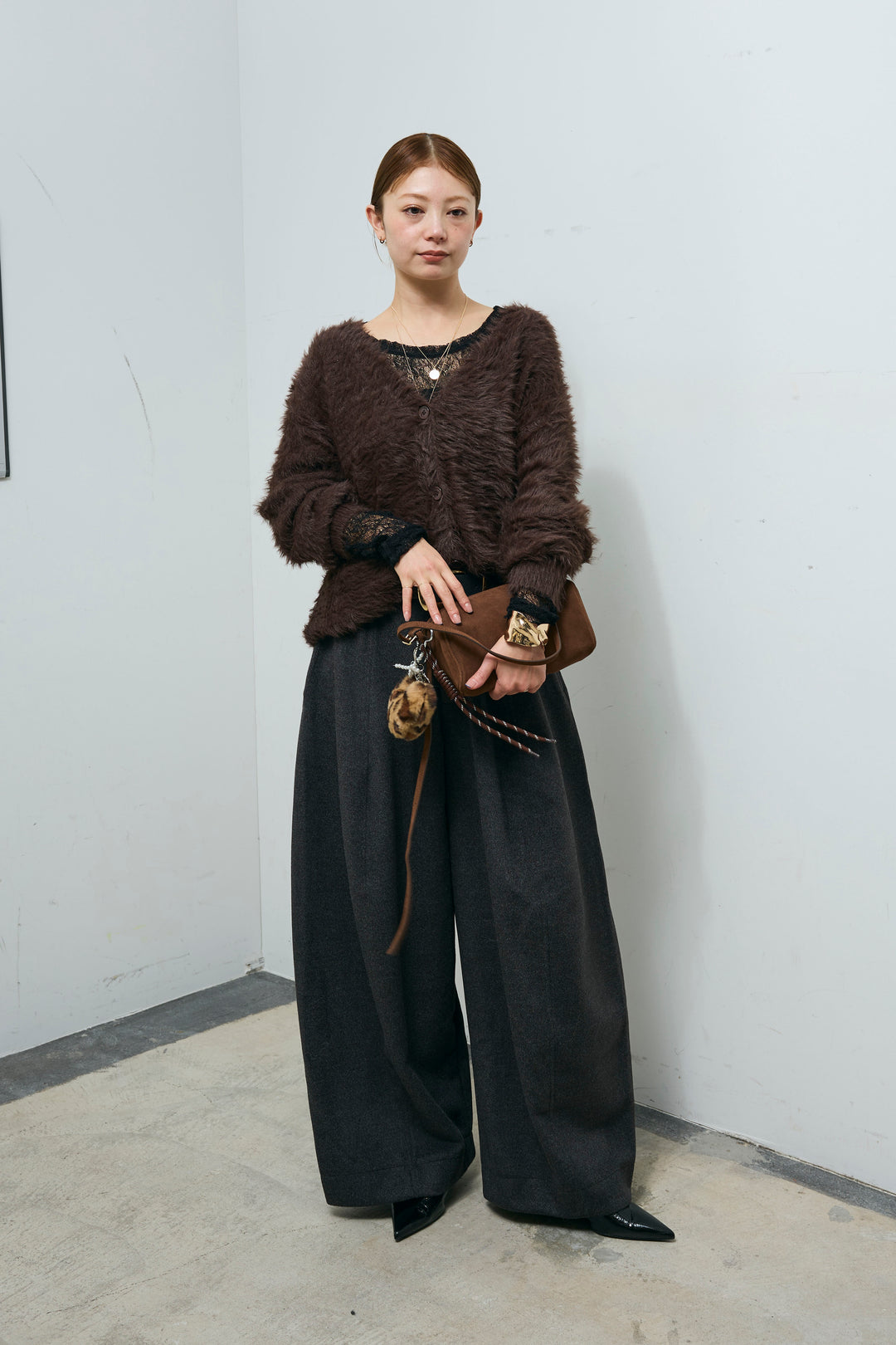 [予約/SET]起毛シャギーカーディガン+ウールタッチカーブワイドパンツ(2set)