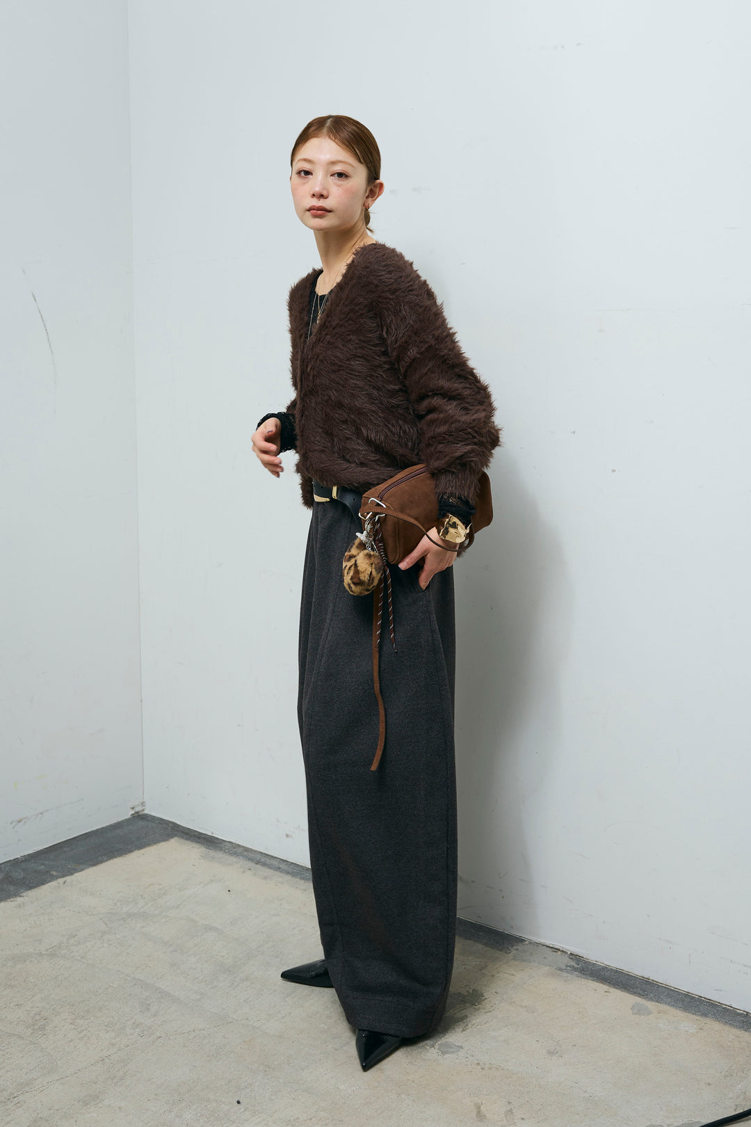 [予約/SET]起毛シャギーカーディガン+ウールタッチカーブワイドパンツ(2set)