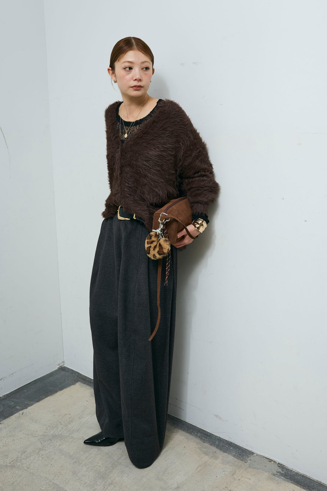 [予約/SET]起毛シャギーカーディガン+ウールタッチカーブワイドパンツ(2set)