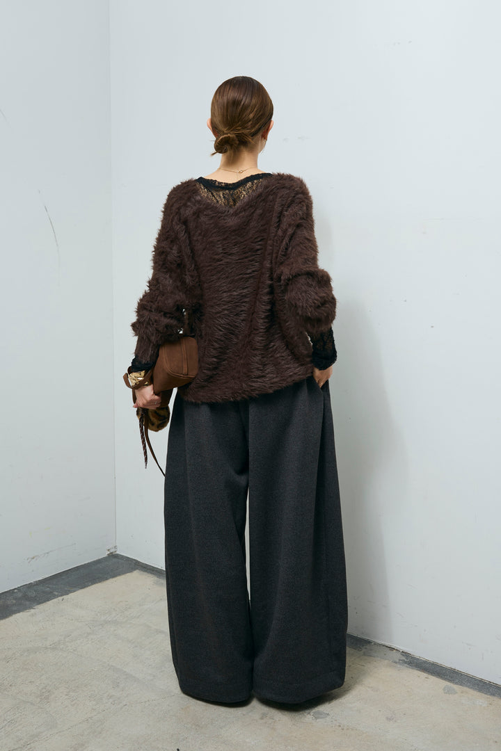 [予約/SET]起毛シャギーカーディガン+ウールタッチカーブワイドパンツ(2set)