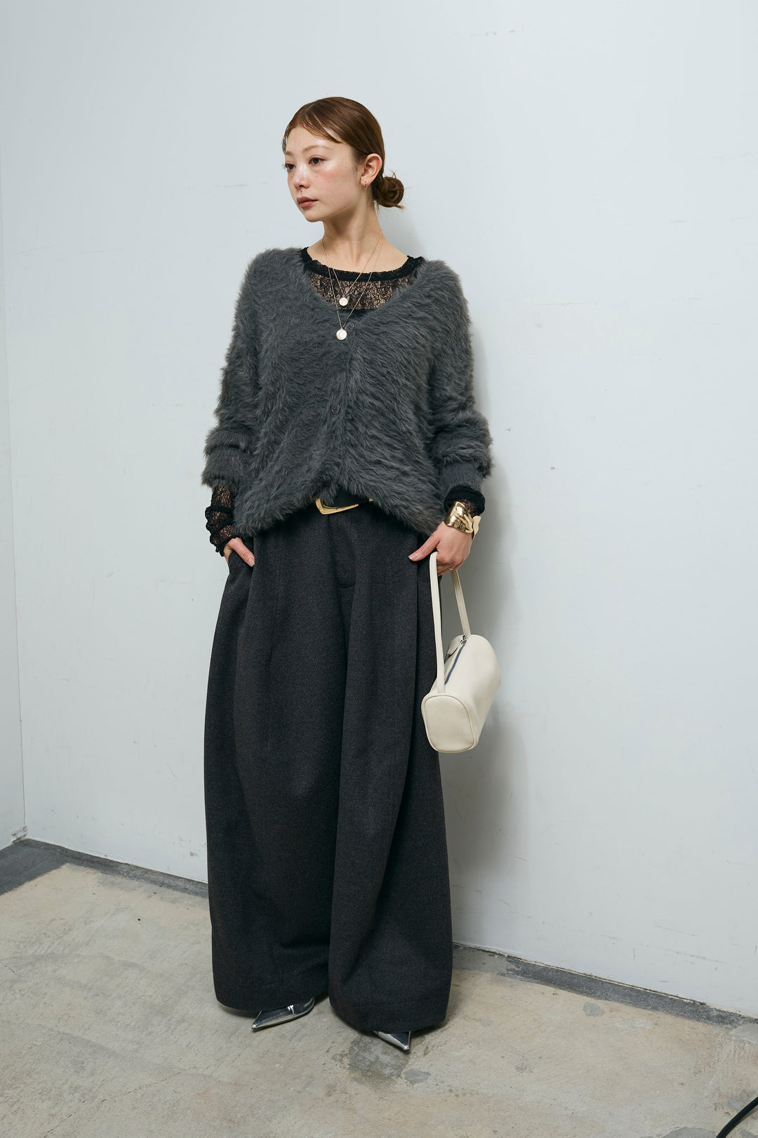 [予約/SET]起毛シャギーカーディガン+ウールタッチカーブワイドパンツ(2set)