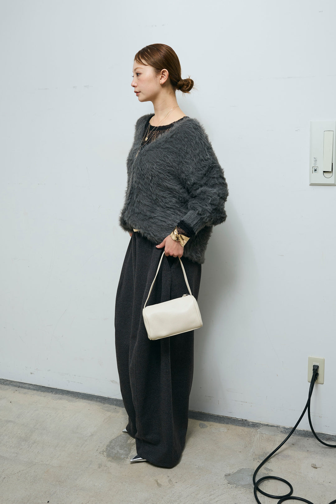 [予約/SET]起毛シャギーカーディガン+ウールタッチカーブワイドパンツ(2set)