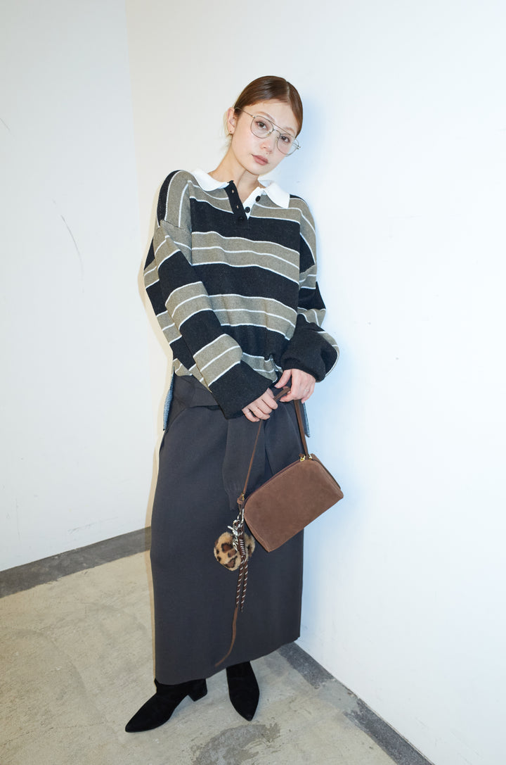 [予約/SET]ラガーニットボーダーポロPO+ウエストラップニットスカート(2set)