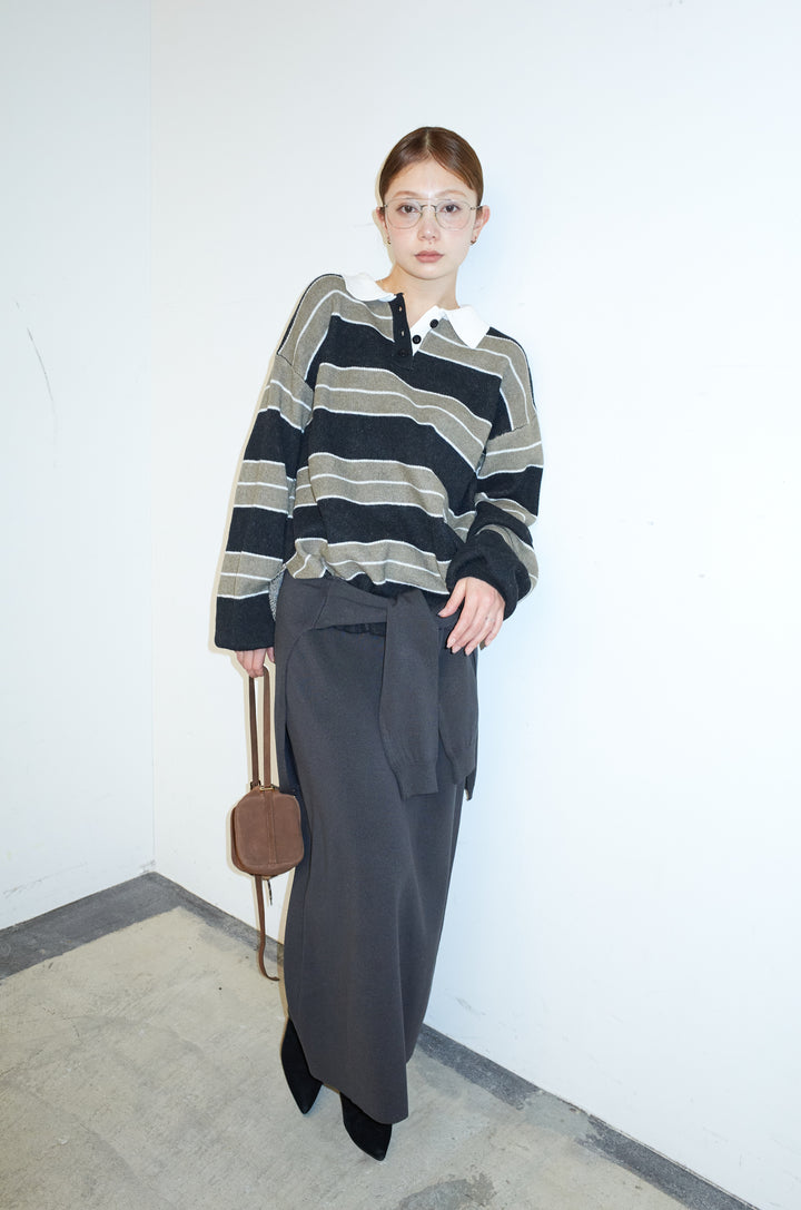 [予約/SET]ラガーニットボーダーポロPO+ウエストラップニットスカート(2set)
