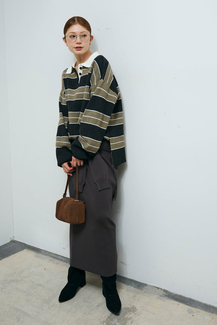 [予約/SET]ラガーニットボーダーポロPO+ウエストラップニットスカート(2set)