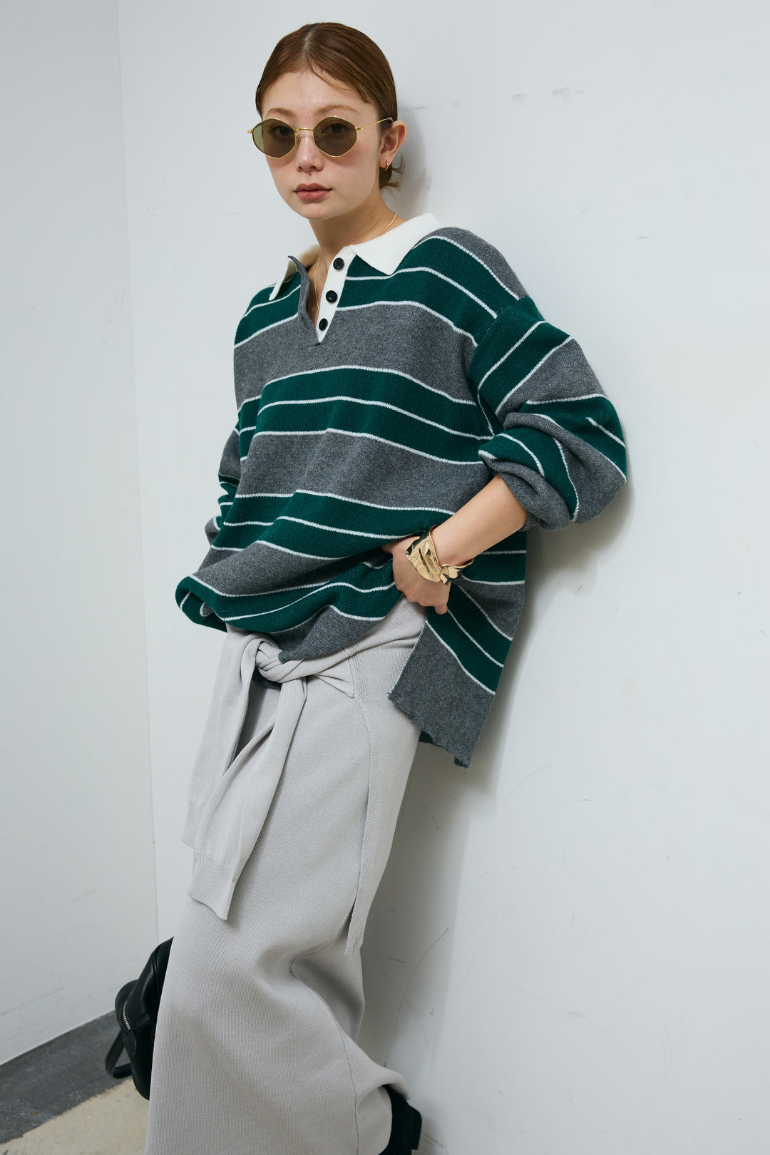 [予約/SET]ラガーニットボーダーポロPO+ウエストラップニットスカート(2set)