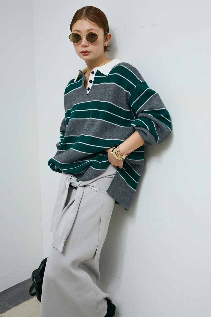 [予約/SET]ラガーニットボーダーポロPO+ウエストラップニットスカート(2set)