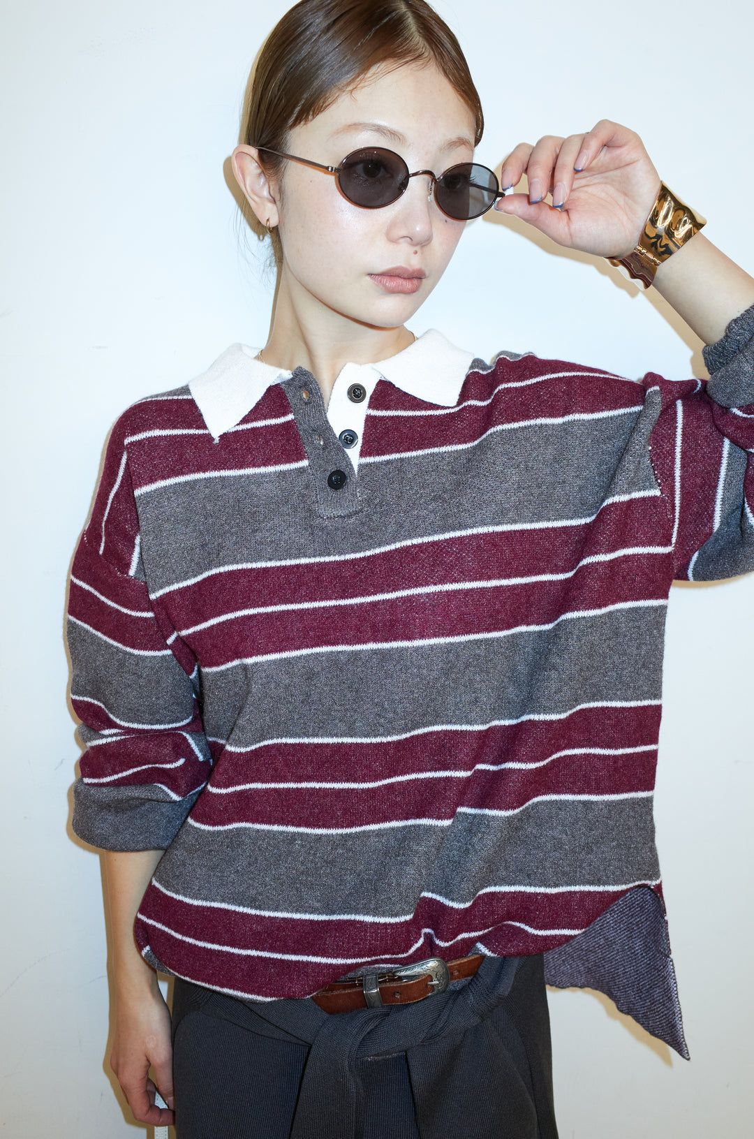 [予約/SET]ラガーニットボーダーポロPO+ウエストラップニットスカート(2set)