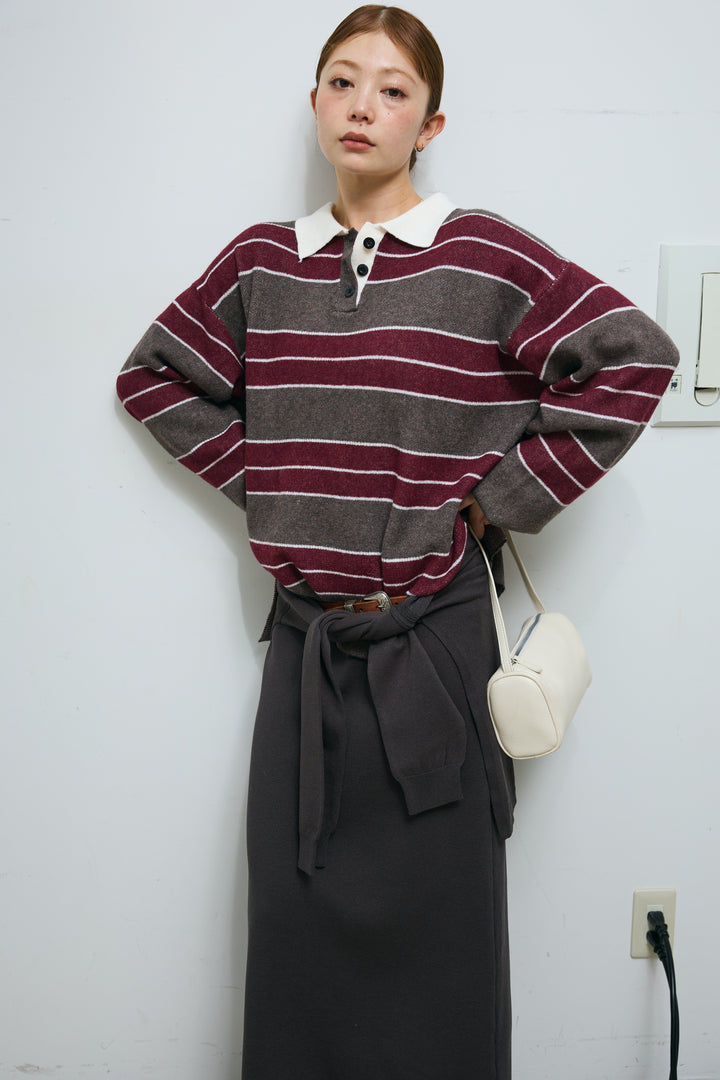 [予約/SET]ラガーニットボーダーポロPO+ウエストラップニットスカート(2set)