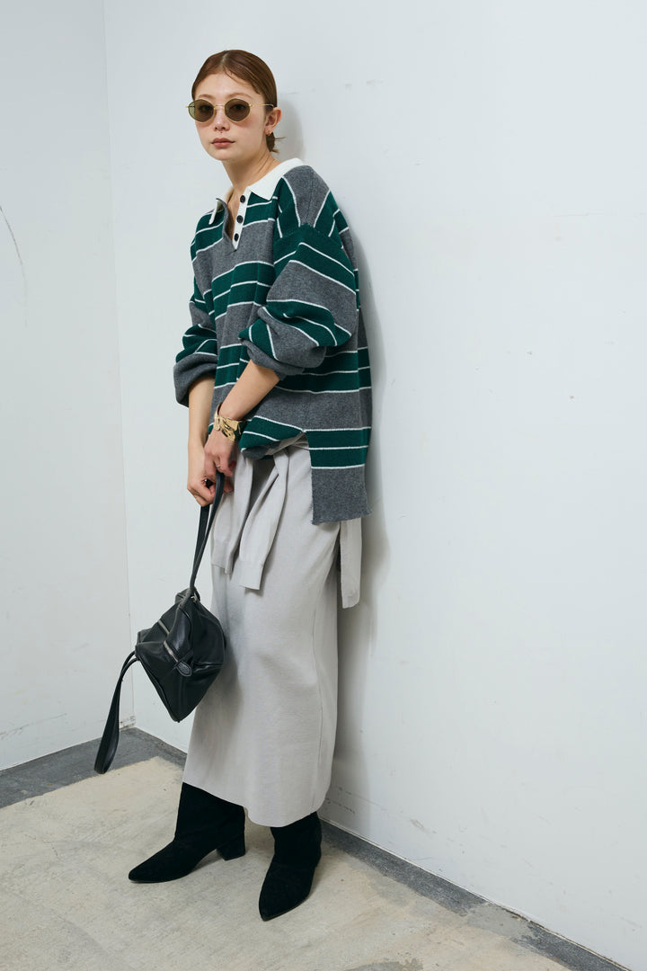 [予約/SET]ラガーニットボーダーポロPO+ウエストラップニットスカート(2set)