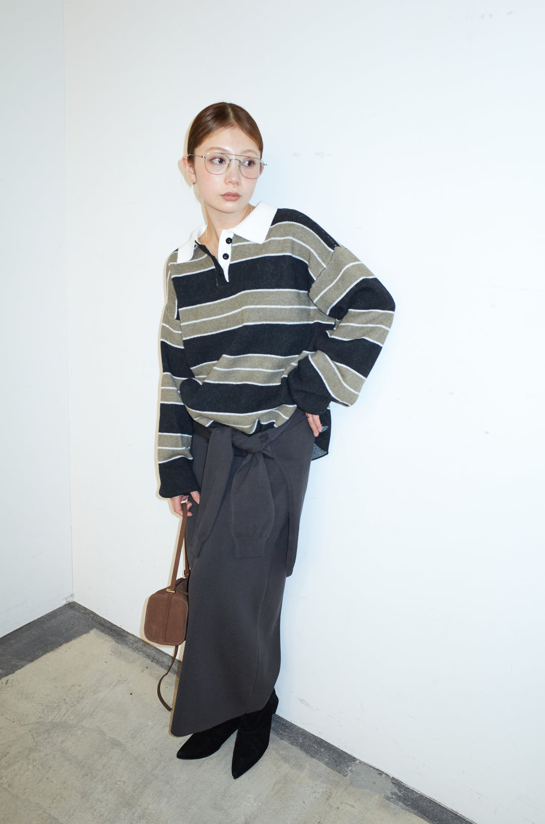 [予約/SET]ラガーニットボーダーポロPO+ウエストラップニットスカート(2set)