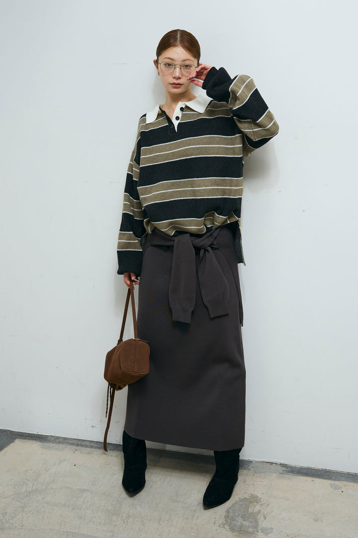 [予約/SET]ラガーニットボーダーポロPO+ウエストラップニットスカート(2set)