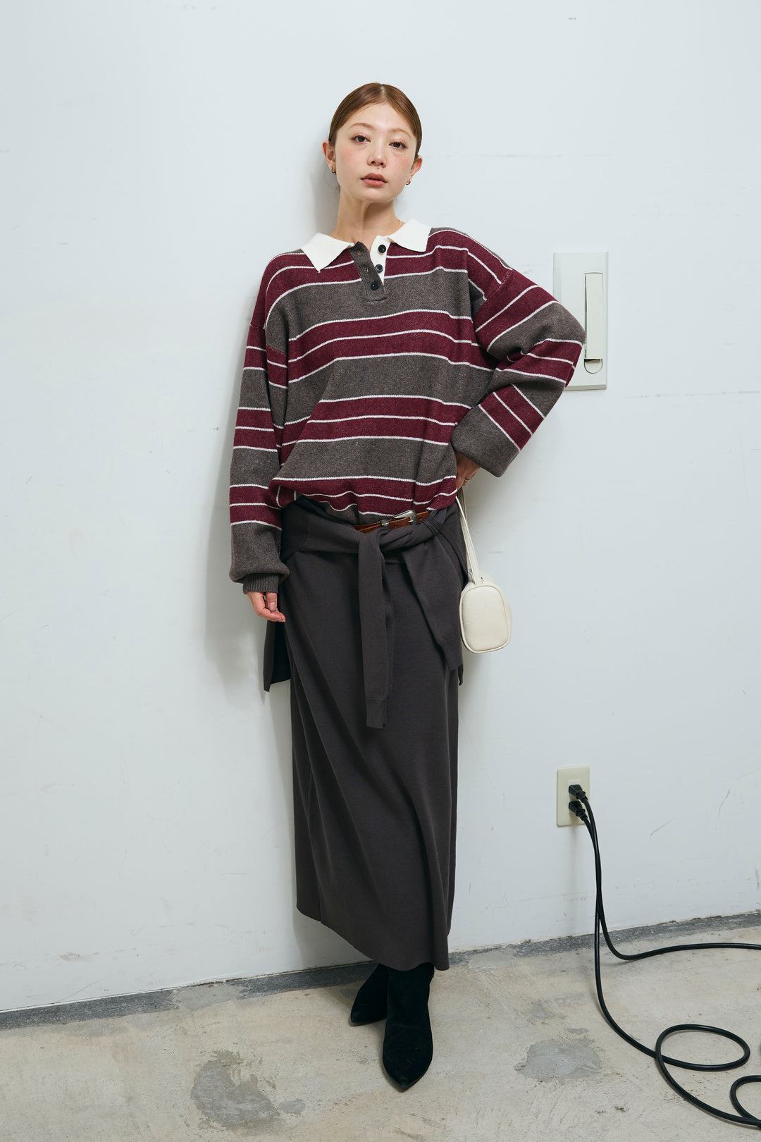 [予約/SET]ラガーニットボーダーポロPO+ウエストラップニットスカート(2set)