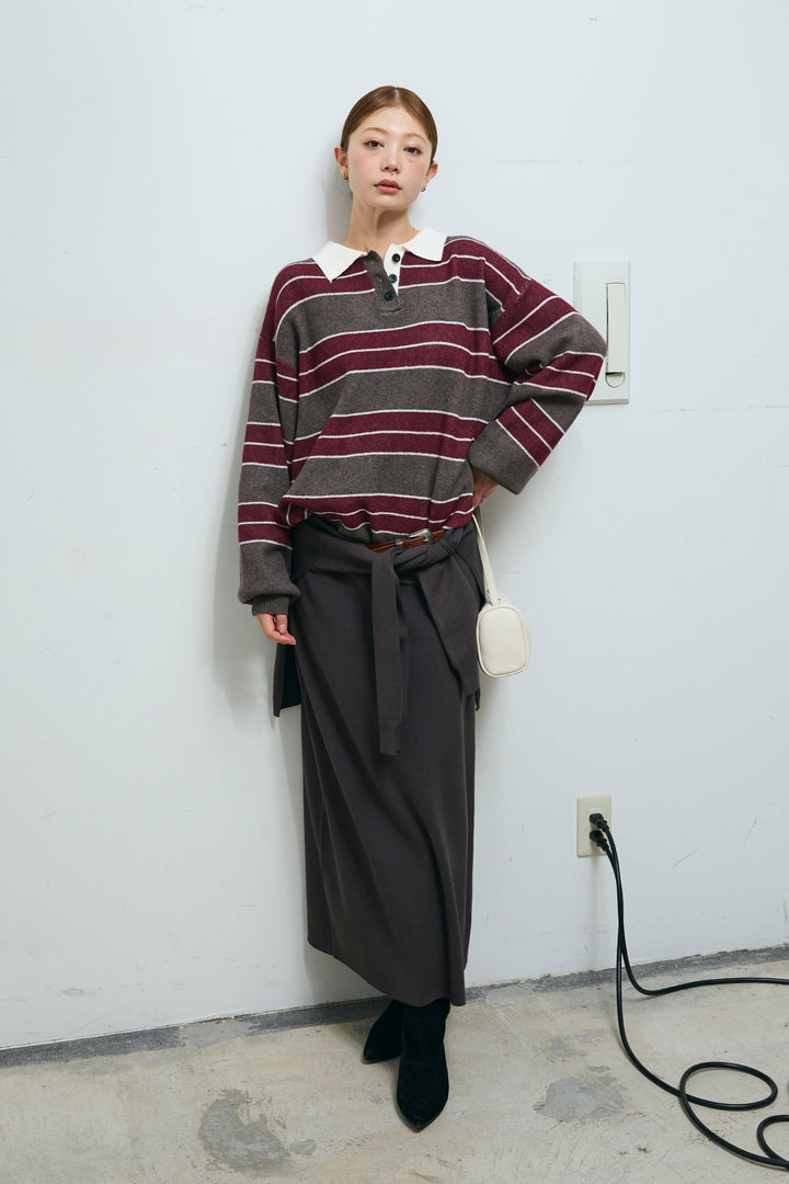 [予約/SET]ラガーニットボーダーポロPO+ウエストラップニットスカート(2set)