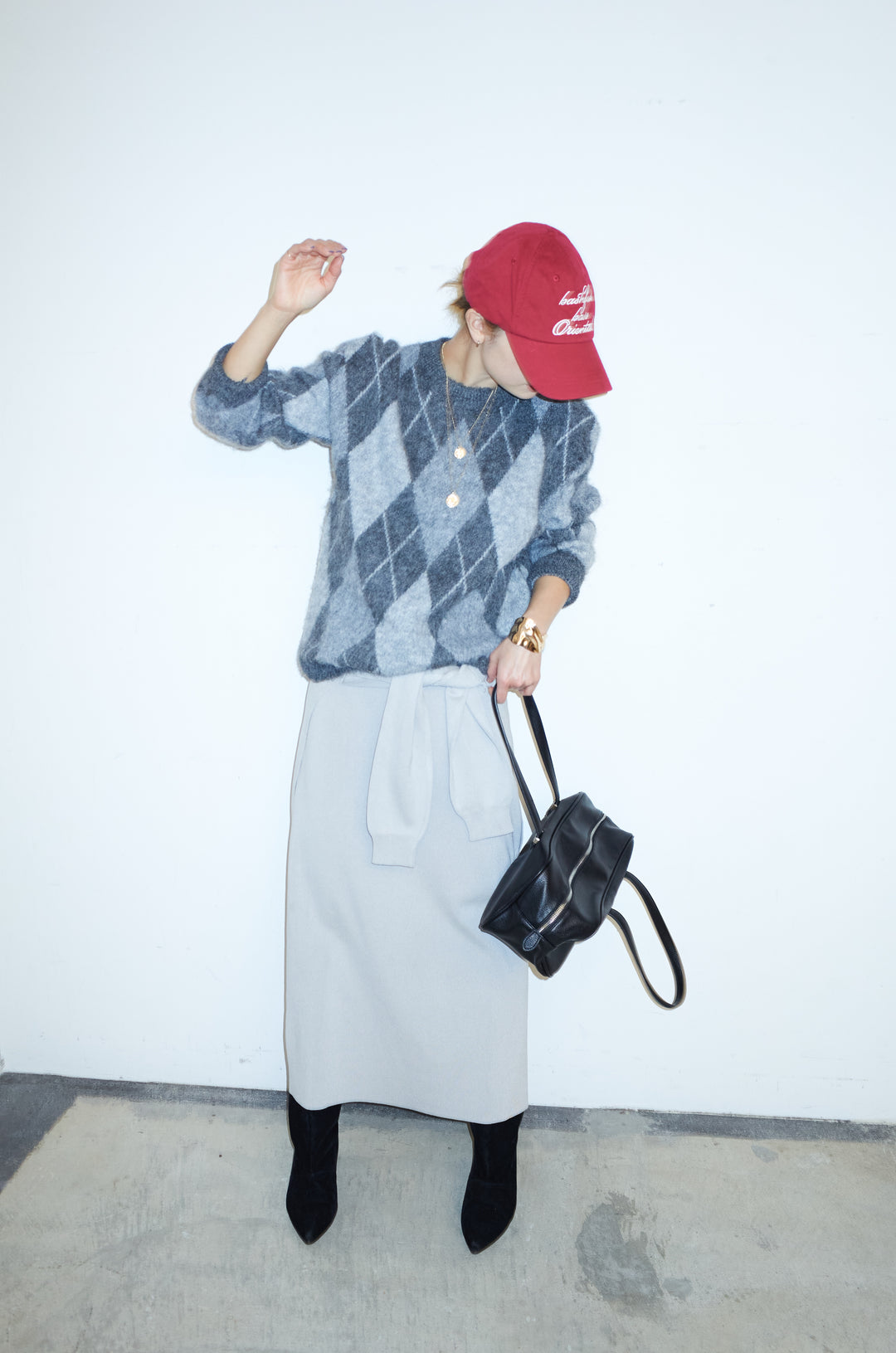 [予約/SET]アーガイルクルーネックニット+ウエストラップニットスカート(2set)