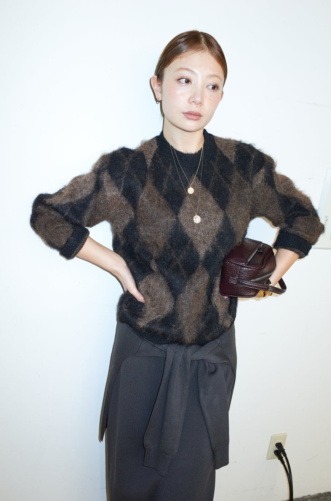 [予約/SET]アーガイルクルーネックニット+ウエストラップニットスカート(2set)