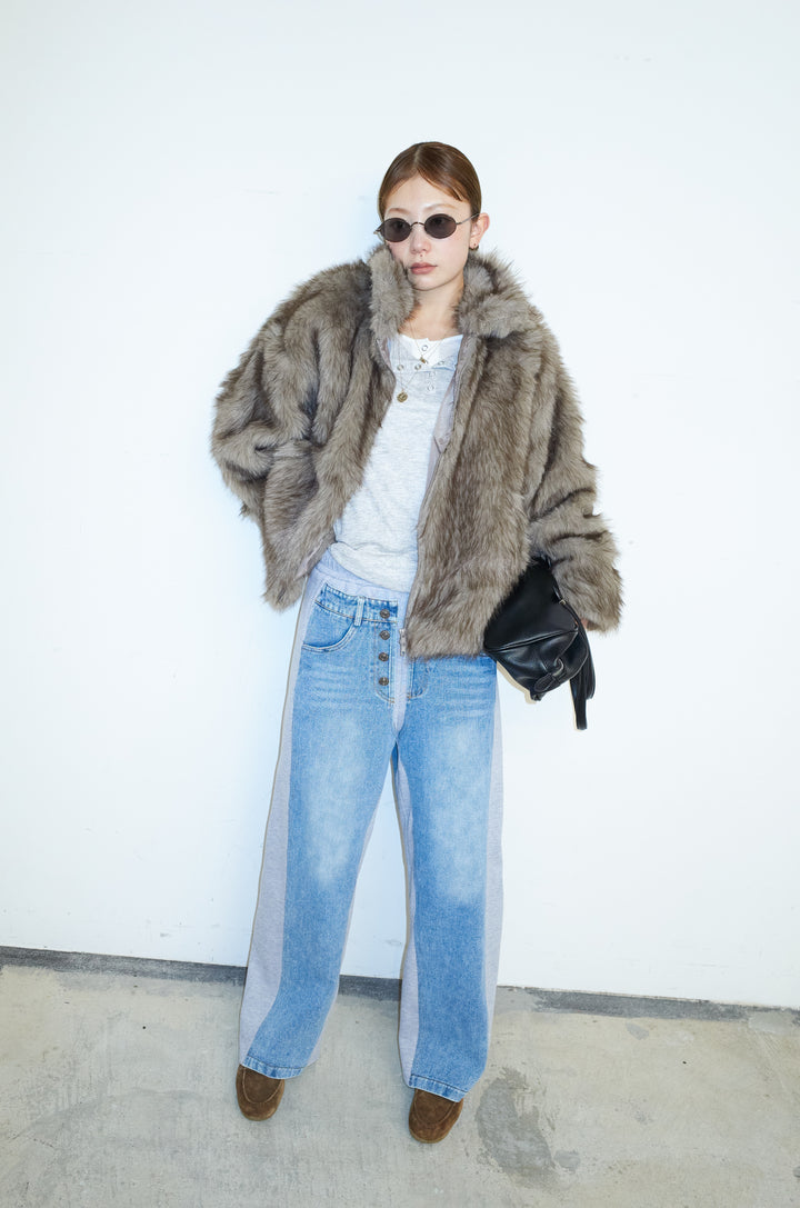 [予約/SET]ミックスファージップブルゾン+スウェット切り替えデニムパンツ(2set)