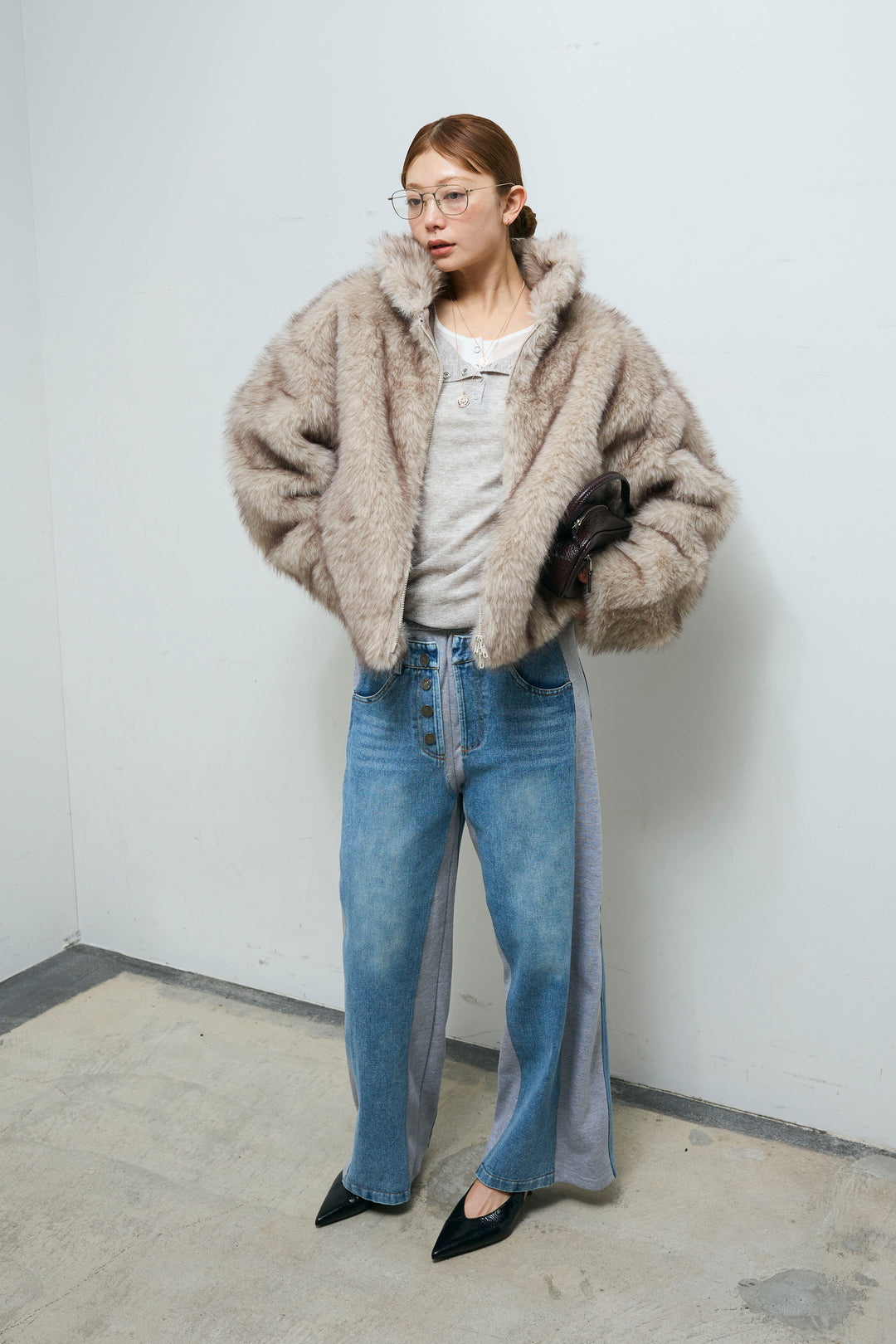 [予約/SET]ミックスファージップブルゾン+スウェット切り替えデニムパンツ(2set)