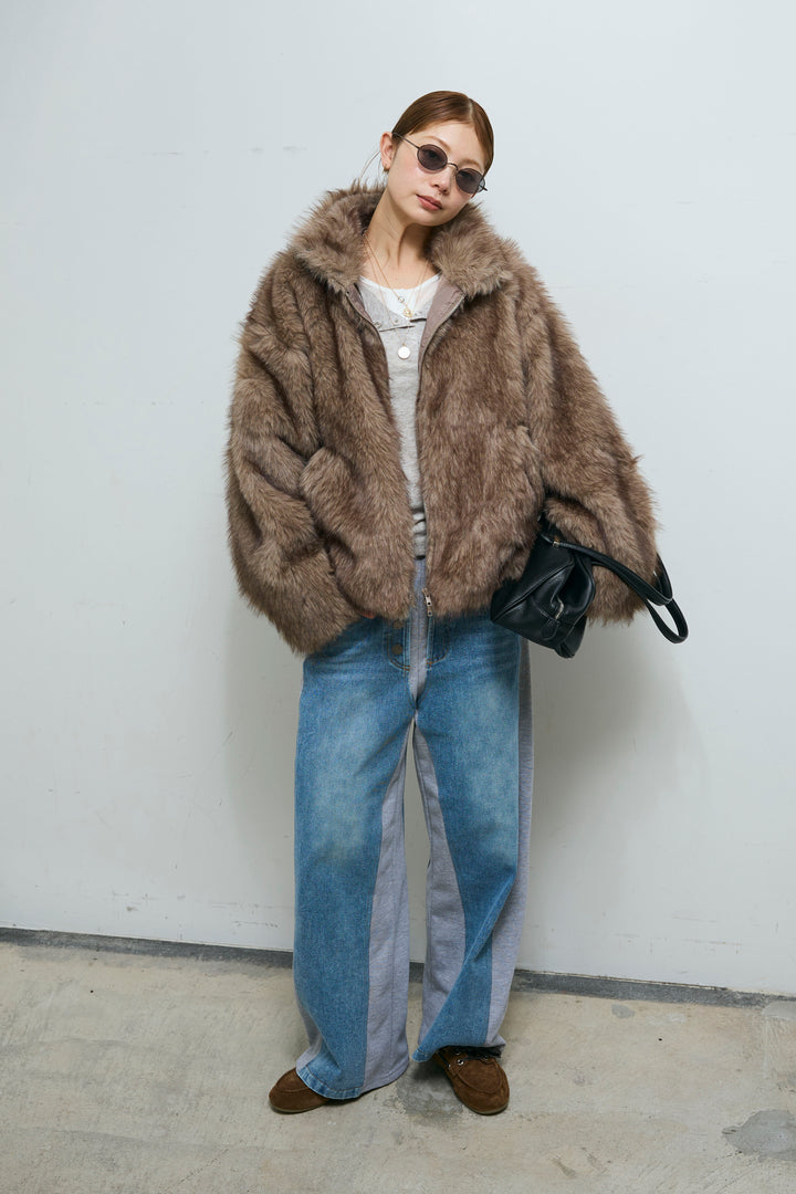 [予約/SET]ミックスファージップブルゾン+スウェット切り替えデニムパンツ(2set)