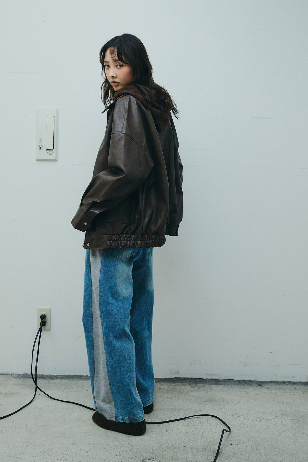 [予約/SET]フェイクレザーオーバーサイズブルゾン+ニットフーディ(2set)