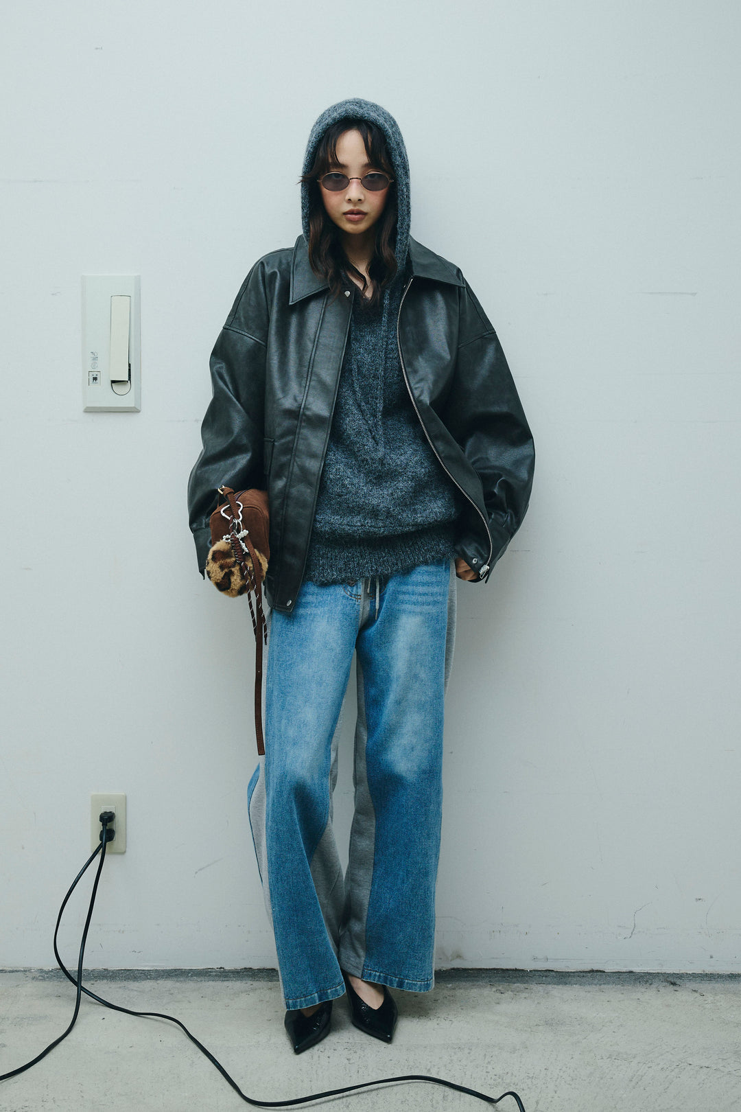 [予約/SET]フェイクレザーオーバーサイズブルゾン+ニットフーディ(2set)