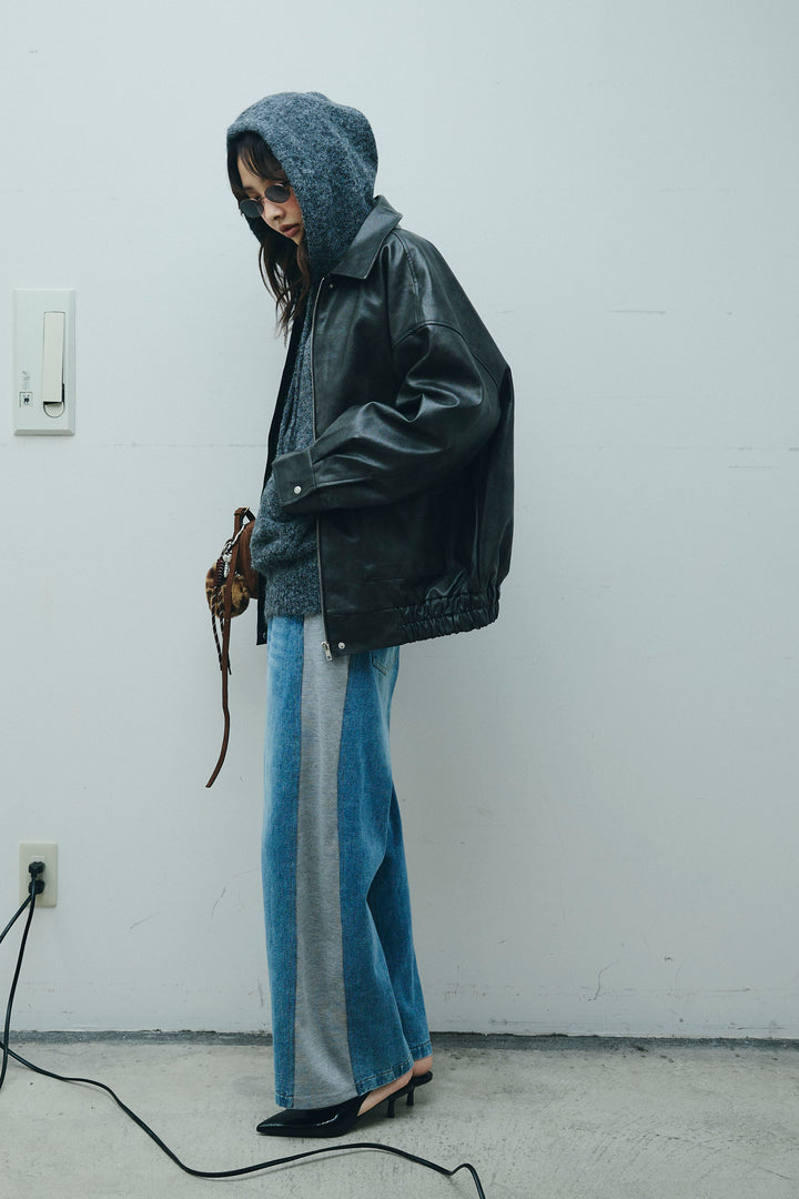 [予約/SET]フェイクレザーオーバーサイズブルゾン+ニットフーディ(2set)