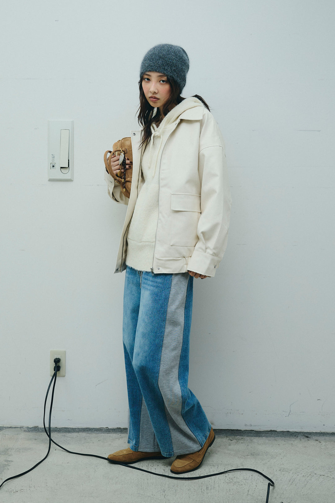 [予約/SET]フェイクレザーオーバーサイズブルゾン+ニットフーディ(2set)