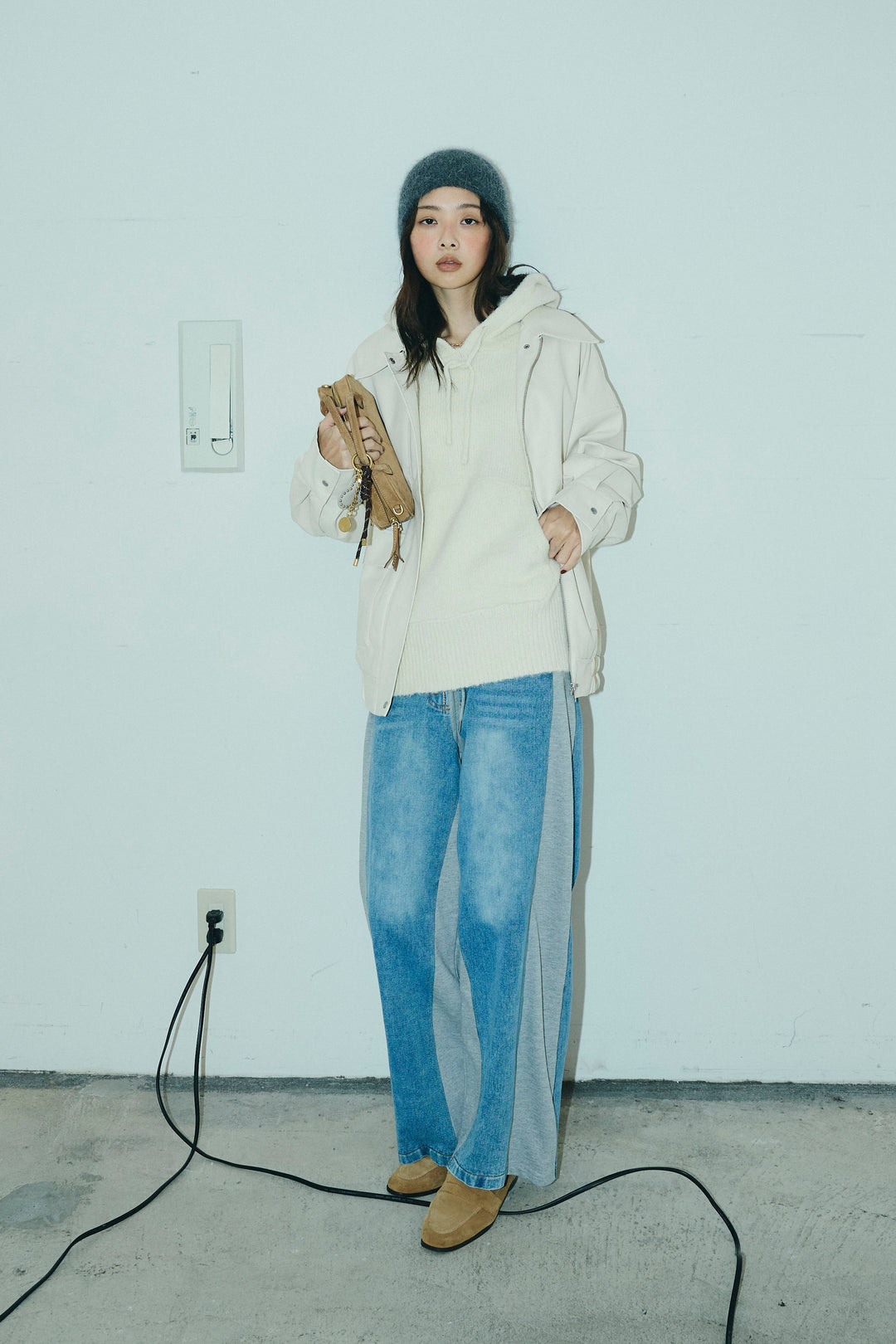 [予約/SET]フェイクレザーオーバーサイズブルゾン+ニットフーディ(2set)