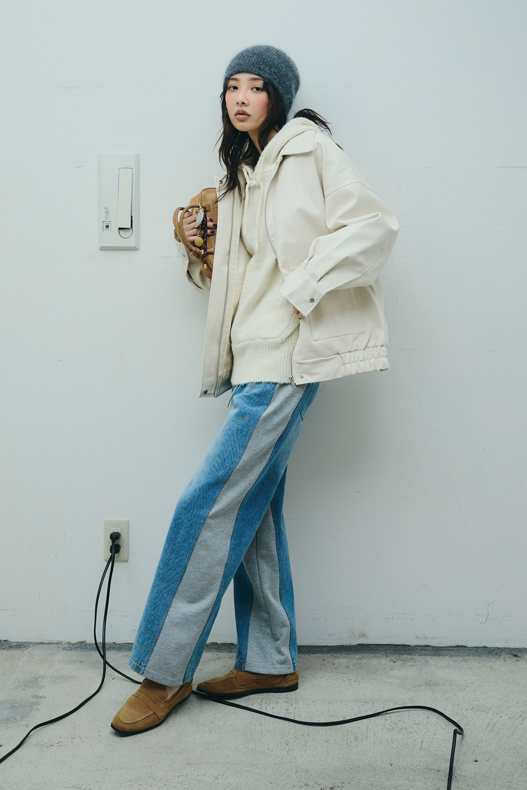 [予約/SET]フェイクレザーオーバーサイズブルゾン+ニットフーディ(2set)