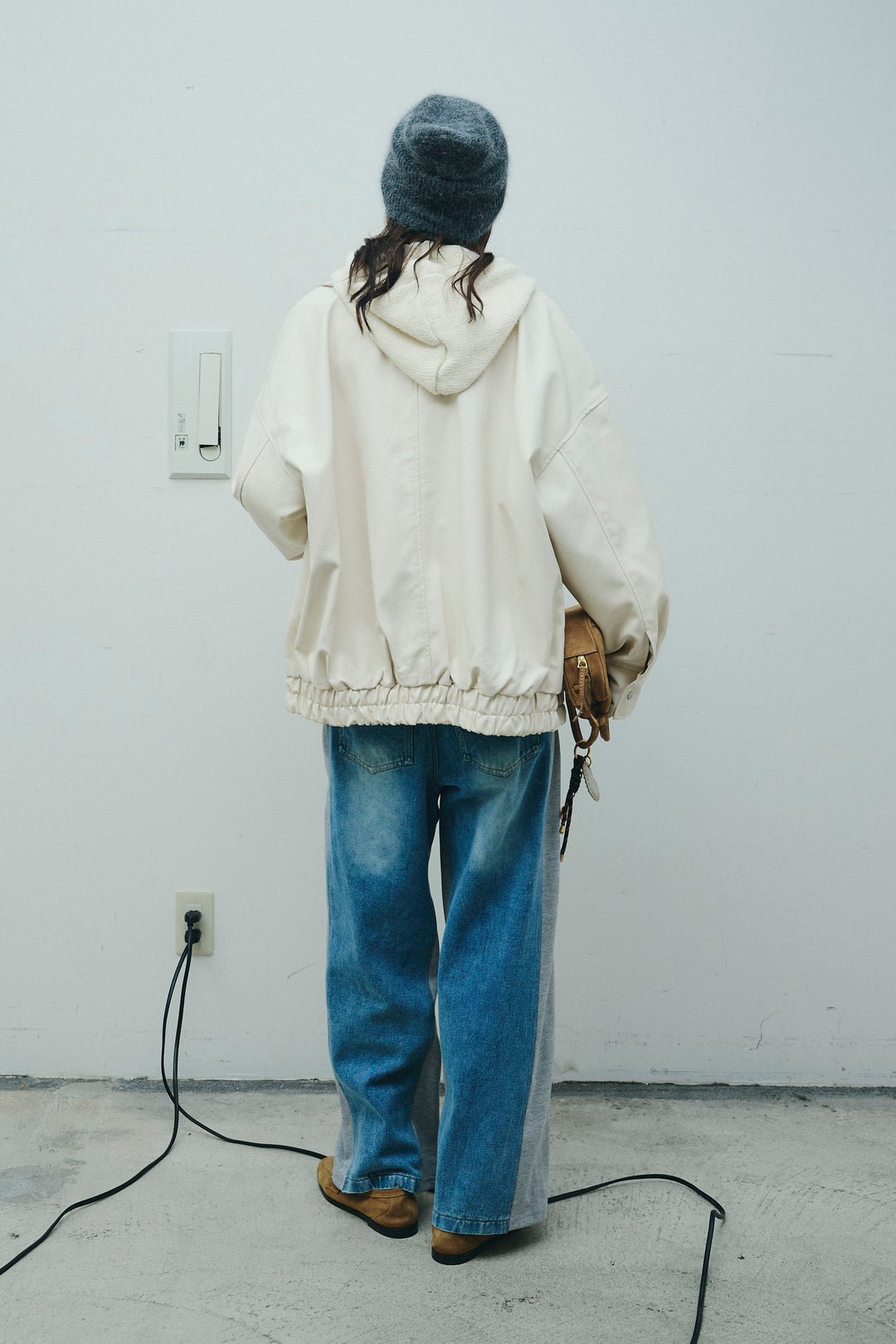 [予約/SET]フェイクレザーオーバーサイズブルゾン+ニットフーディ(2set)