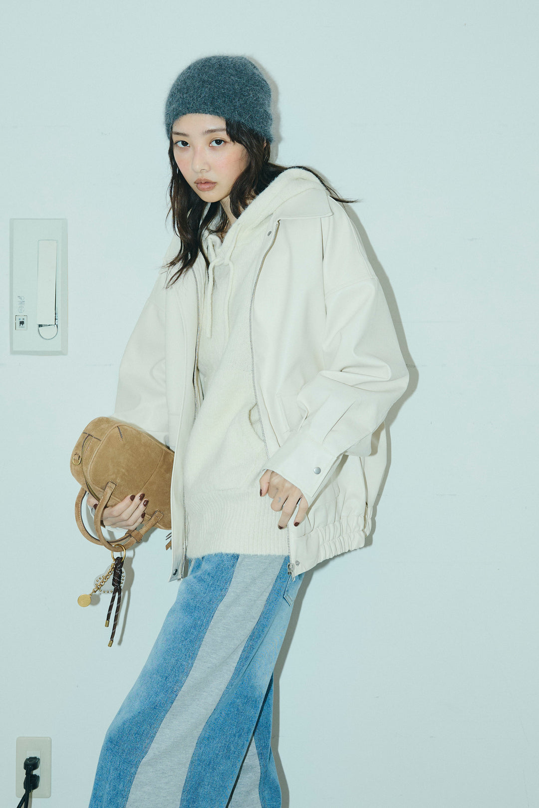 [予約/SET]フェイクレザーオーバーサイズブルゾン+ニットフーディ(2set)