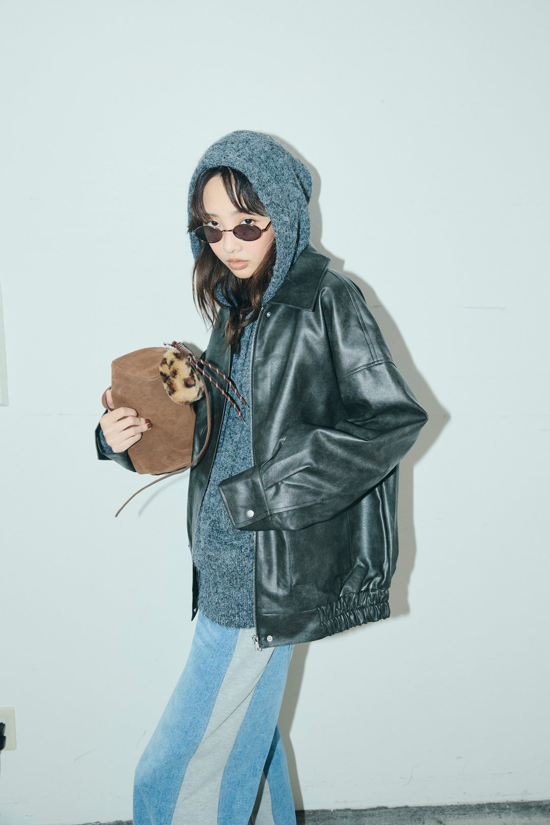 [予約/SET]フェイクレザーオーバーサイズブルゾン+ニットフーディ(2set)