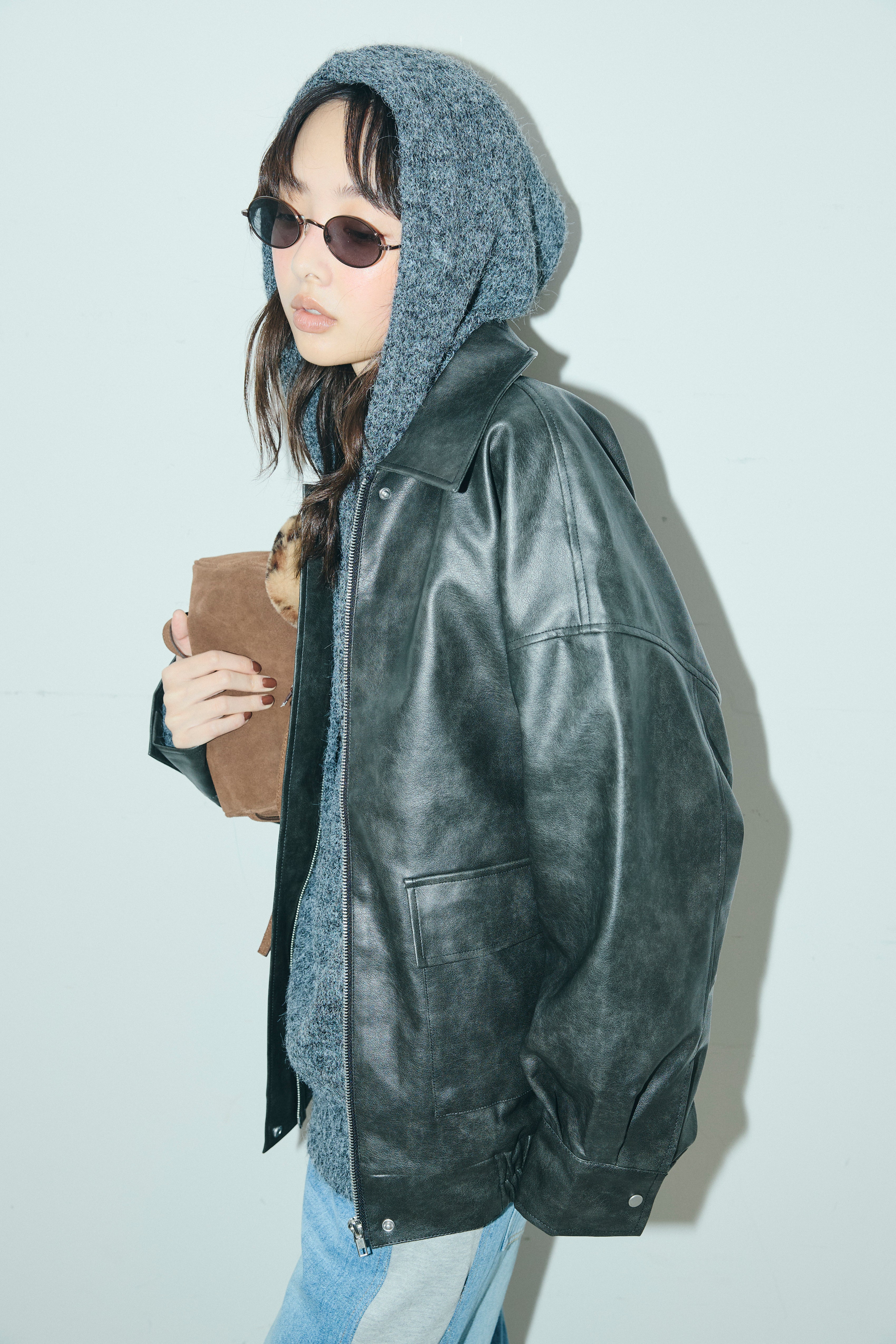 予約/SET]フェイクレザーオーバーサイズブルゾン+ニットフーディ(2set