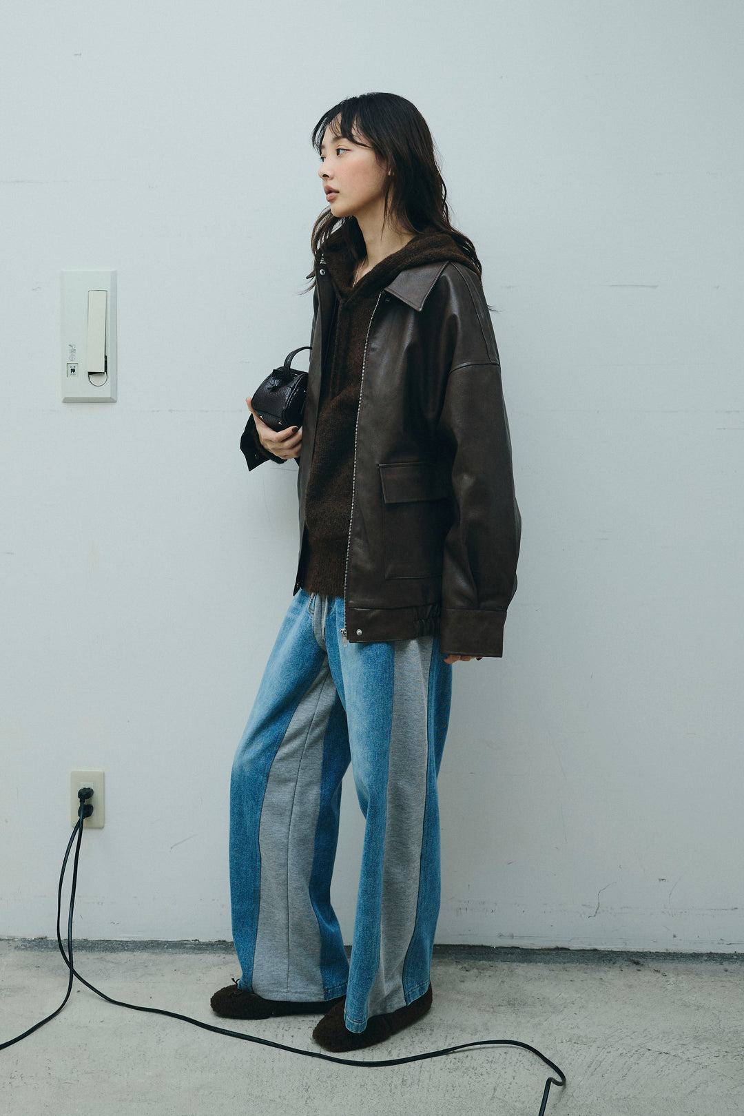 [予約/SET]フェイクレザーオーバーサイズブルゾン+ニットフーディ(2set)