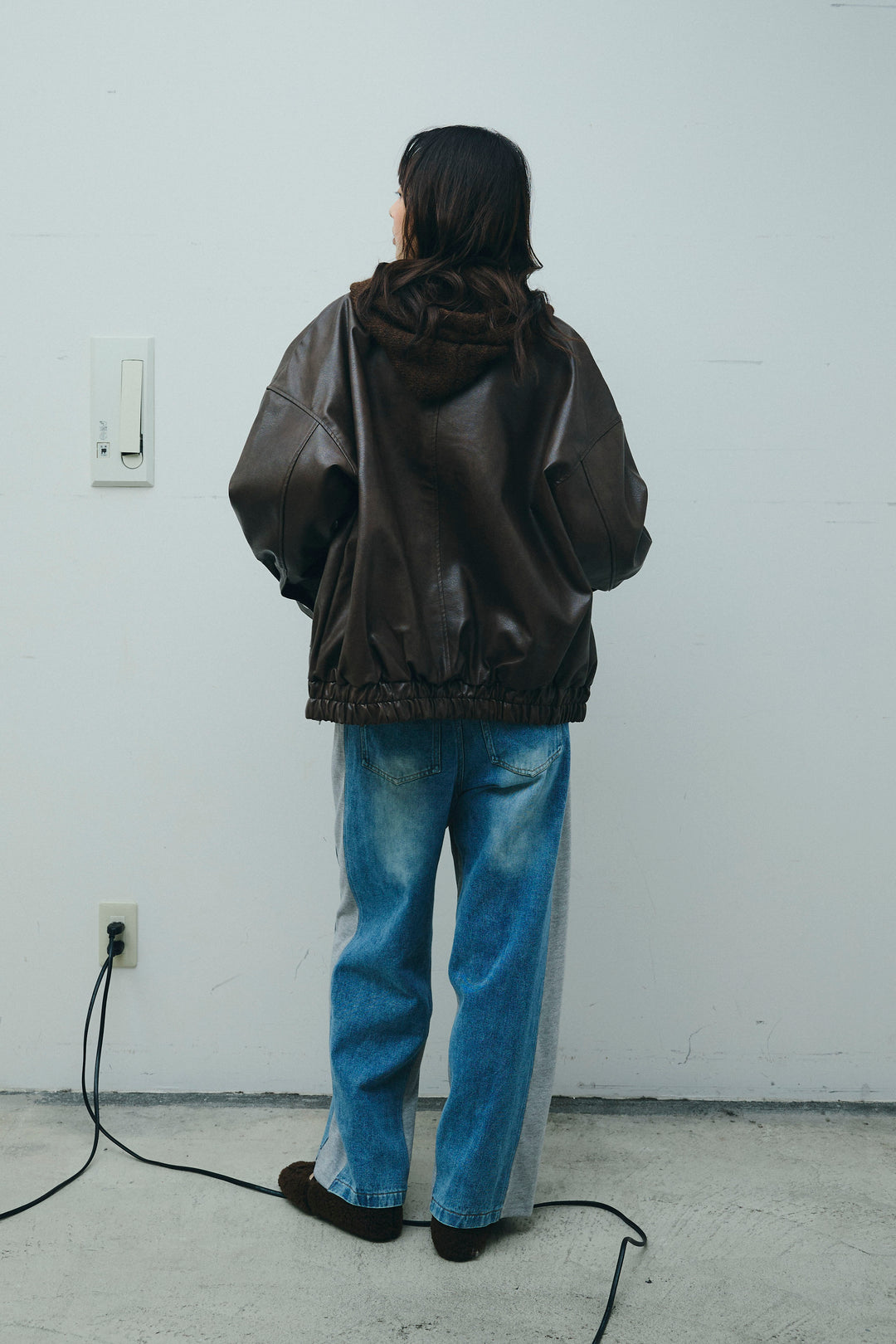 [予約/SET]フェイクレザーオーバーサイズブルゾン+ニットフーディ(2set)