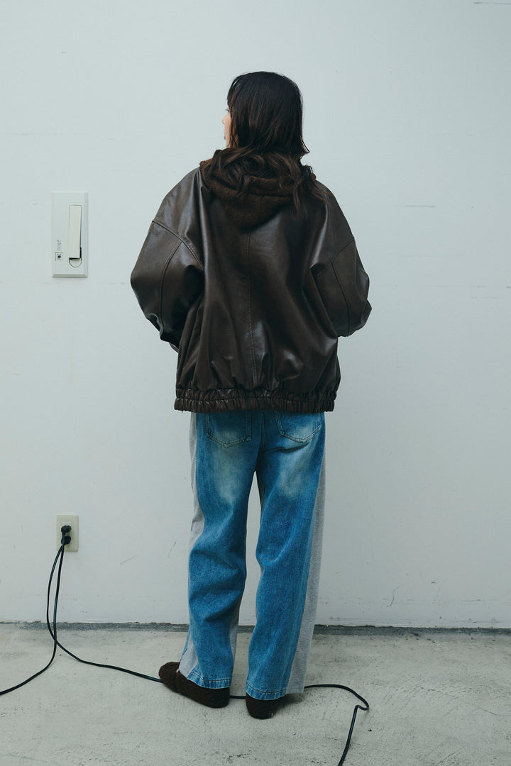 [予約/SET]フェイクレザーオーバーサイズブルゾン+ニットフーディ(2set)