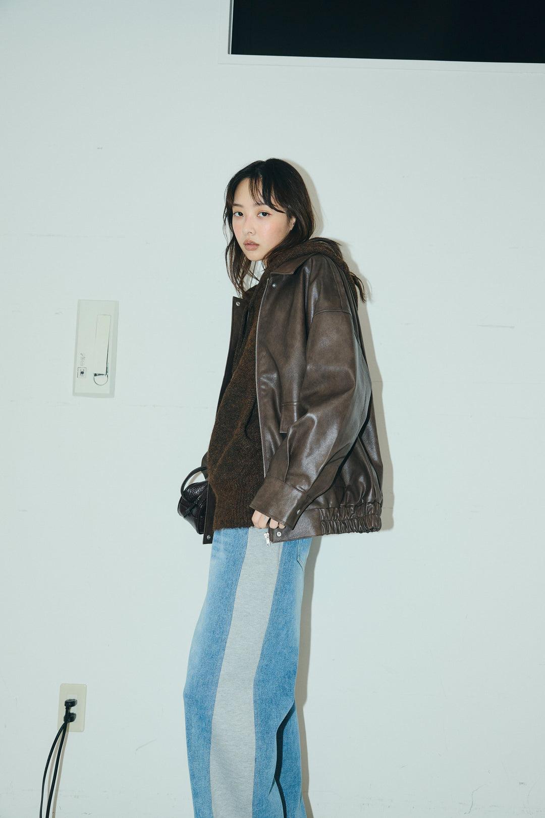 [予約/SET]フェイクレザーオーバーサイズブルゾン+ニットフーディ(2set)