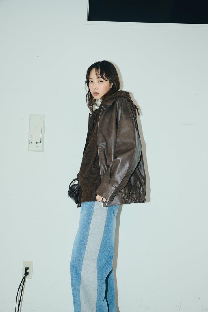 [予約/SET]フェイクレザーオーバーサイズブルゾン+ニットフーディ(2set)