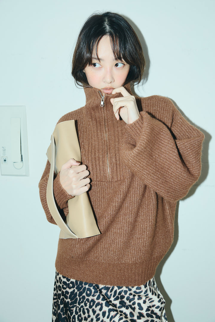 [予約/SET]ハーフジップハイネックニット+レオパード柄サテンスカート(2set)