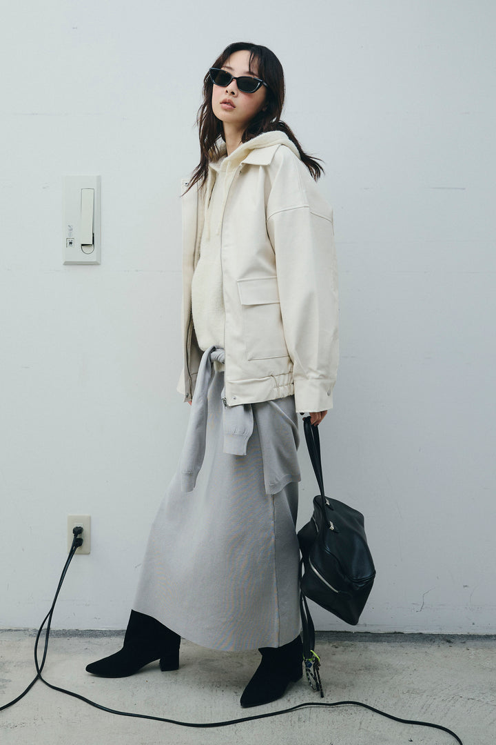 [予約/SET]フェイクレザーオーバーサイズブルゾン+ニットフーディ+ウエストラップニットスカート(3set)