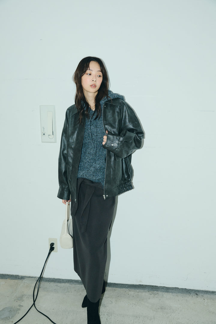 [予約/SET]フェイクレザーオーバーサイズブルゾン+ニットフーディ+ウエストラップニットスカート(3set)