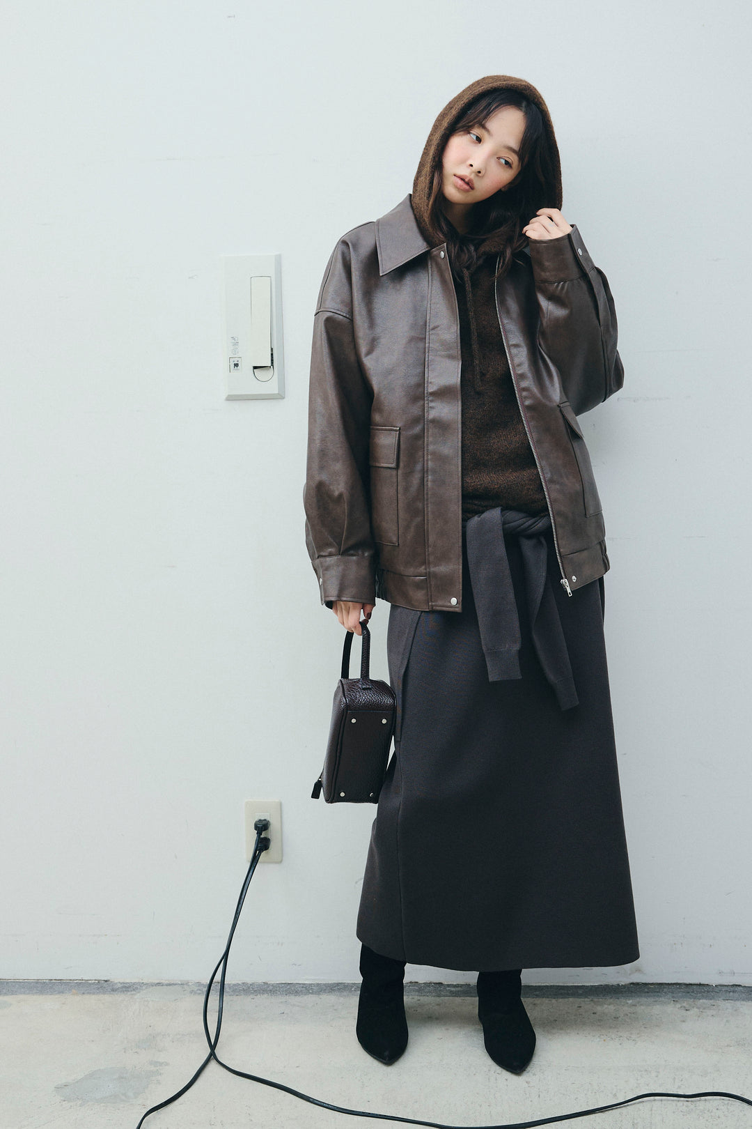 [予約/SET]フェイクレザーオーバーサイズブルゾン+ウエストラップニットスカート(2set)