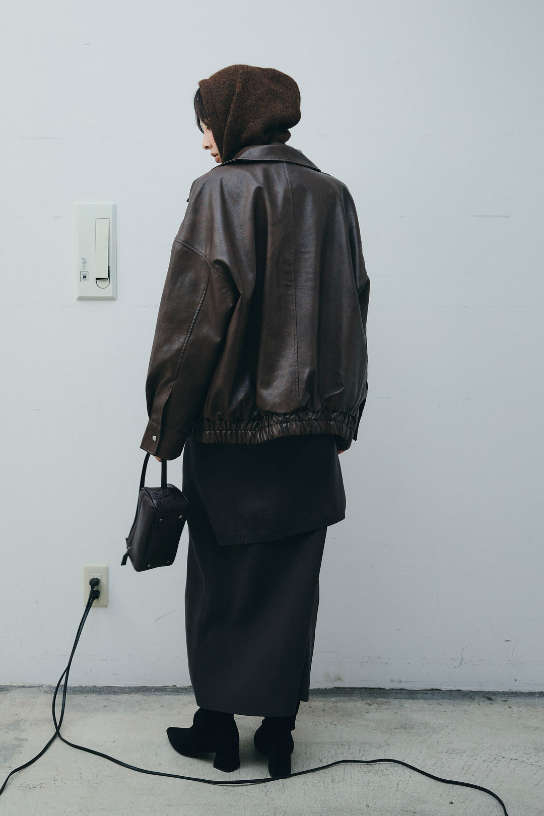 [予約/SET]フェイクレザーオーバーサイズブルゾン+ニットフーディ+ウエストラップニットスカート(3set)